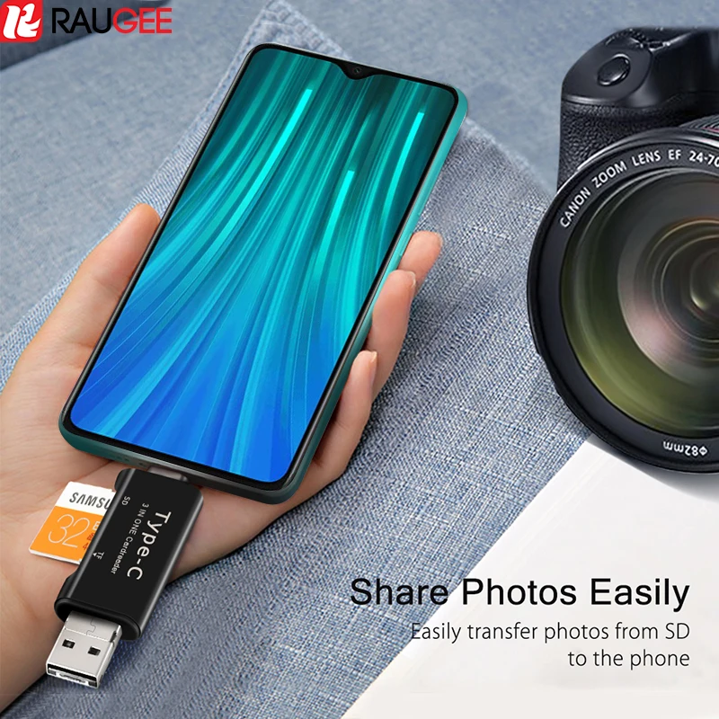 Raugee type C и Micro USB OTG карта адаптер 3 в 1 USB-C-ридер флэш-накопитель TF разъем для чтения для Xiaomi Redmi Note 8 Pro адаптер