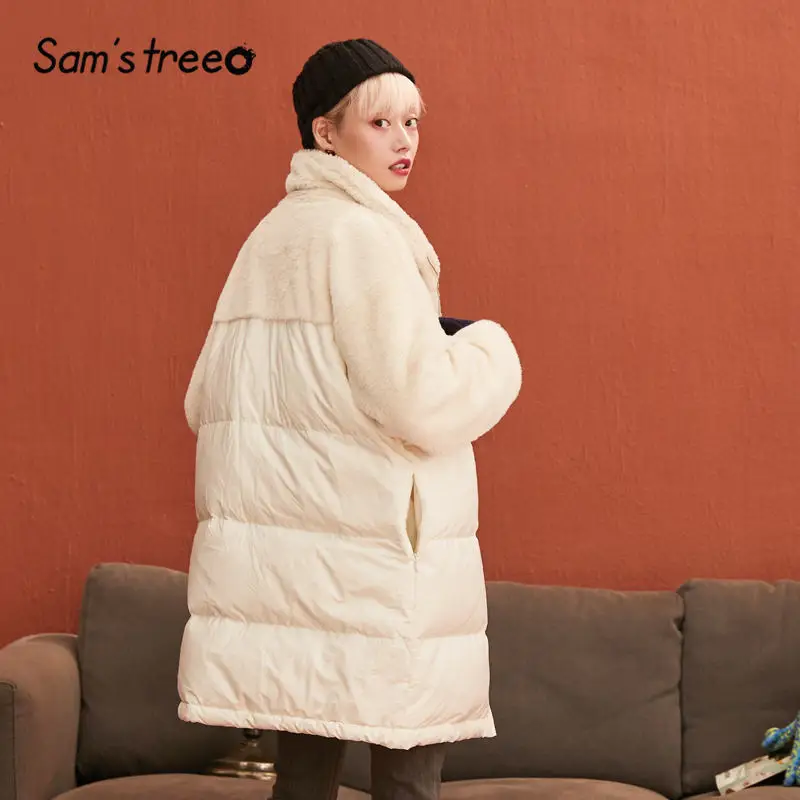 SAM'S TREE/белый однотонный теплый пуховик из овечьей шерсти в стиле пэтчворк, женский пуховик, зимняя женская парка с длинным рукавом, верхняя одежда