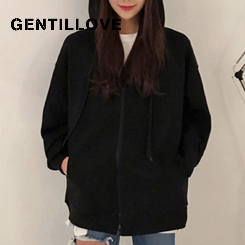 

Gentillove Female Harajuku Pop Solid Zipper Up Hoodies Boyfriend Style Loose Coat Autumn Plus Size Outwear 2019 Fashion Jackets