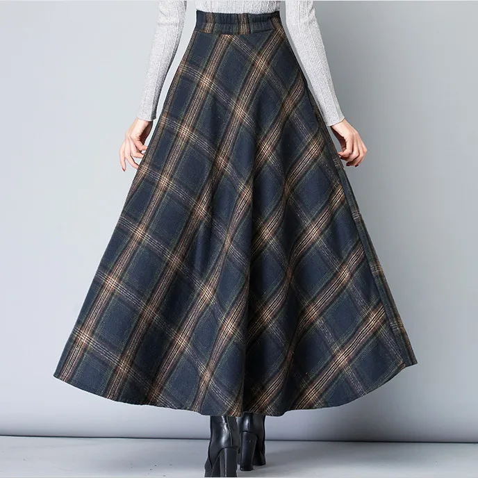 Faldas mujer moda, Длинная женская клетчатая юбка макси, осенне-зимняя женская юбка трапециевидной формы с высокой талией, винтажная шерстяная юбка fw625