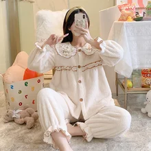 Pajamas Women's Autumn And Winter Coral Velvet Thickened Plush Pullover Korean Version Solid Color 2021 New Home Clothes Sets