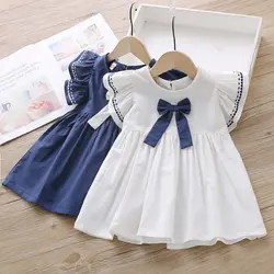 Летнее повседневное модное платье для малышей; цвет белый, синий; милое платье принцессы с короткими рукавами и бантом; вечерние платья для