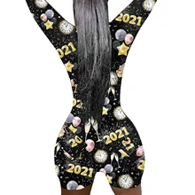 Women's V-neck High Waist Playsuit Casual Pattern Printing Button Romper Long Sleeve Short Pants Home Clothing