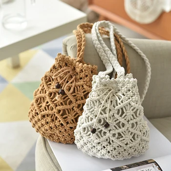 

Hollow Knitting Crossbody Bags for Women Hand-woven Rattan Straw Shoulder Bag Mini Drawstring Bucket Female Travel Messenger Bag