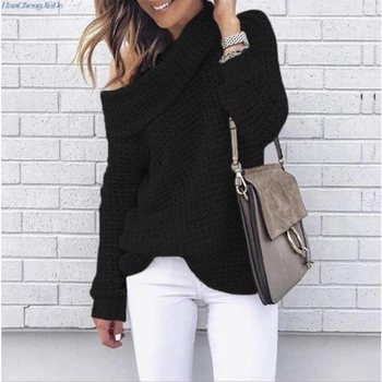 

New Spring Knitted Sweater Women Casual Loose Slash Neck Solid Pullovers Female Long Sleeve Off Shoulder Winter Clothes