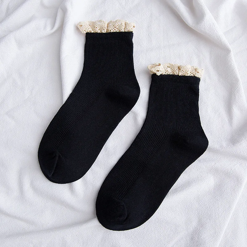 Jeseca/милые носки для девочек в студенческом стиле; коллекция года; милые кружевные носки в японском стиле; сезон осень-зима; хлопковые однотонные винтажные уличные носки; подарок - Цвет: Черный
