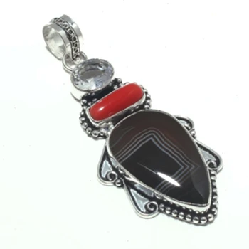 

Botswana Agates + Coral + White Topas Pendant Silver Overlay over Copper , 76 mm, P7029