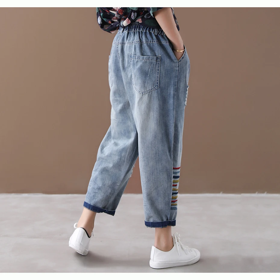 Women Denim Harem Pants Bottom Jeans Trousers for Ladies Big Loose Embroidery Distressed Fashion Casual Retro Vintage AZ44223417