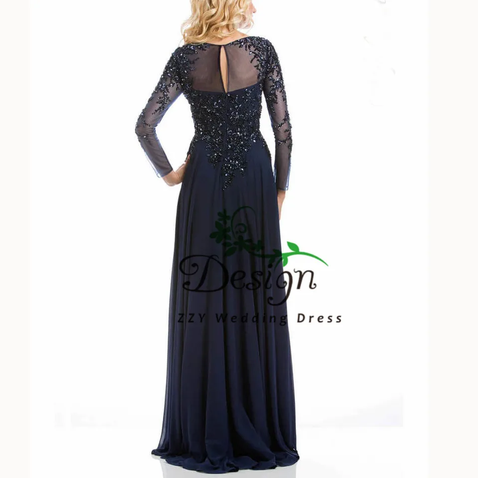 Темно-синие шифоновые аппликации Бисероплетение Кристаллы А-силуэт vestido madrina boda Большие размеры платья для матери невесты на свадьбу