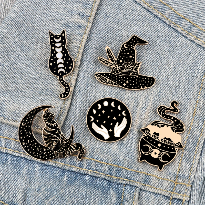 Enamel Pins Witches Punk Black Magical Hat Furnace Moon Cat Brooch Backpack Denim Lapel Pin Badge Dark Gothic Party Jewelry Gift