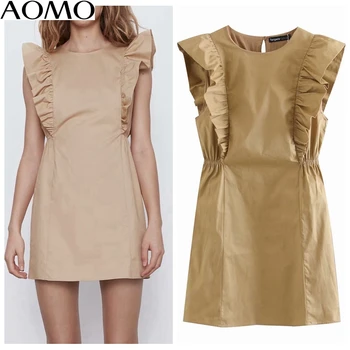 

AOMO fashion women dress khaki ruffles summer dress sleeveless strethy waist button females mini dresses vestidos 4M153A