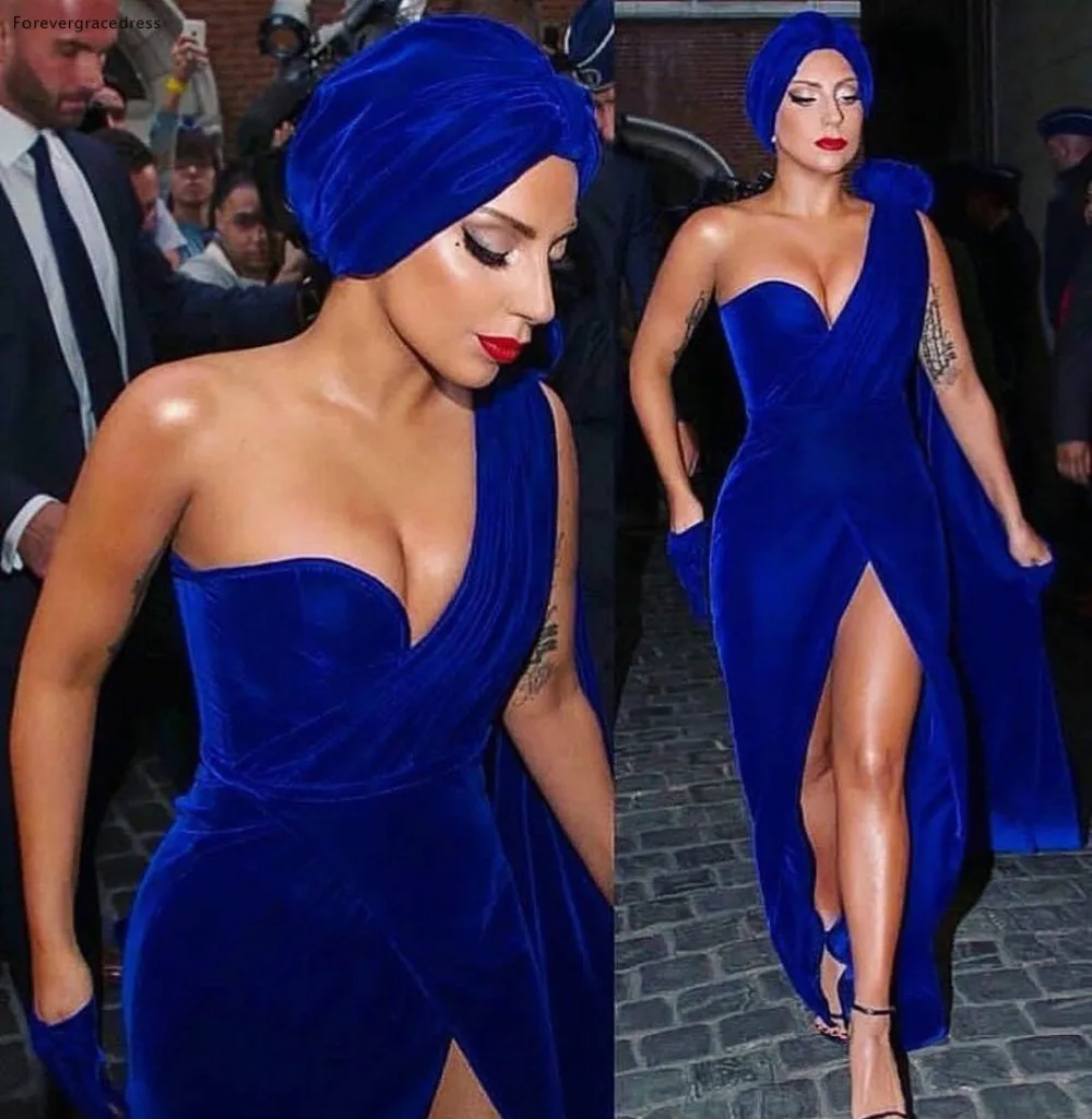 Lady Gaga 2018 New Royal Blue Split Evening Dresses Sheath Mermaid One Shoulder Velvet Long Red Carpet Gowns Celebrity Prom Dress  108