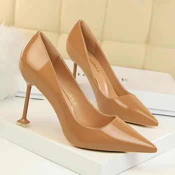 

Spring Autumn Women Shoes Pointed Toe Pumps 9.5CM Thin Heels Wedding Dress Sexy Nightclub PU Leather High Heels Boat Shoes