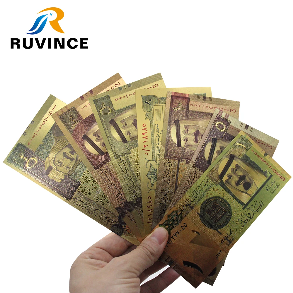 

Ruvince 7pcs/lot Colorful Saudi Arabia Banknotes 1-500 Riyals Gold Plated Banknote for Collection Gifts
