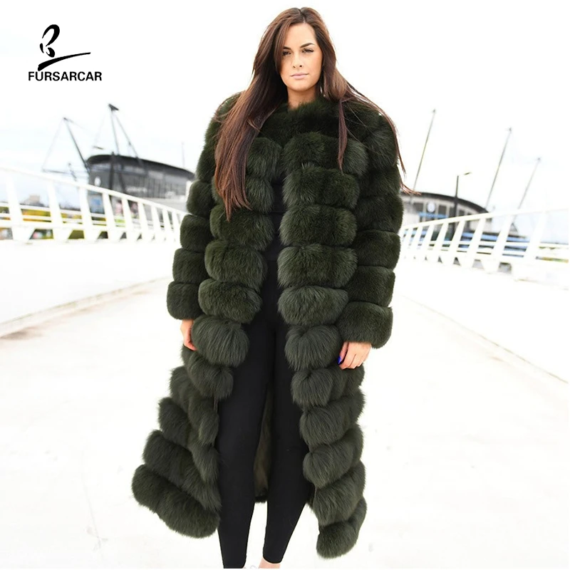 

FURSARCAR 3 In 1 Green Blue Fox Fur Coat Women Winter Jackets And Outerwear Detachable Sleeve And Hem 2019 Fashion New Female