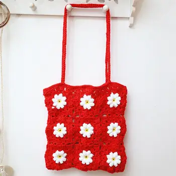 

1pc Refreshing Daisy Pattern Handbag Women Woolen Yarn Hollow Shoulder Bag Casual Birthday Gift for Girls(Red)