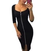Women Sexy Solid Color Zipper V Neck Elbow Sleeve Bodycon Stretchy Party Dress ► Photo 2/6