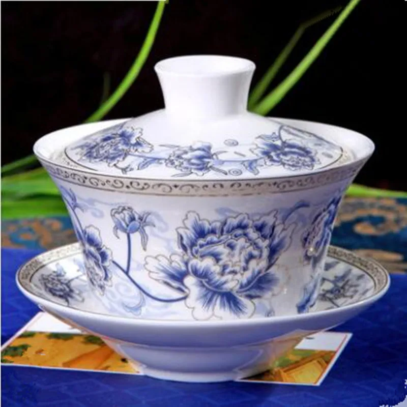 Китайский чайный набор Sancai Gaiwan голубой и белый фарфор ручной работы портативный