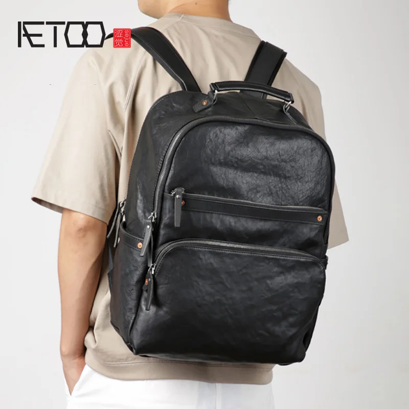 US $163.50 AETOO First Layer Cowhide Backpack Mens Leather LargeCapacity Trendy Backpack Multifunctional Business And Leisure Computer