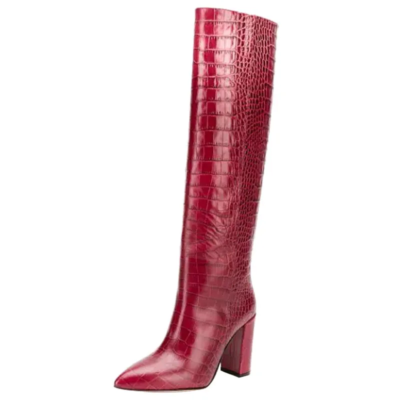 Стильная женская обувь; Новинка года; Брендовые женские сапоги до колена с острым носком без застежки; обувь на высоком каблуке в европейском стиле; модные высокие сапоги - Цвет: Красный