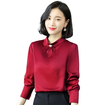 

2020 Spring New Chiffon Women Blouse Beaded Slim Office Lady Work White Shirts Elegant Sexy Outwear Tops