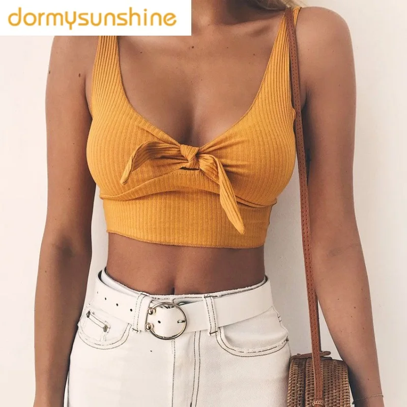 

Ribbed Bow Tie Camisole Tank Tops Women Summer Basic Crop Top Streetwear Fashion 2019 Cool Girls Cropped Tees Camis
