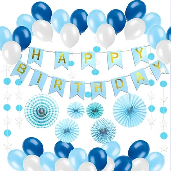 

Blue White Happy Birthday Banner Balloons Tissue Paper Fans Flower Baby Shower Birth Party Star Circle Streamer Decorations