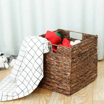 

New 2 PCS Manual Woven Storage Baskets Containers Natural water hyacinth Storage Organizer Box Metal frame woven straw baskets
