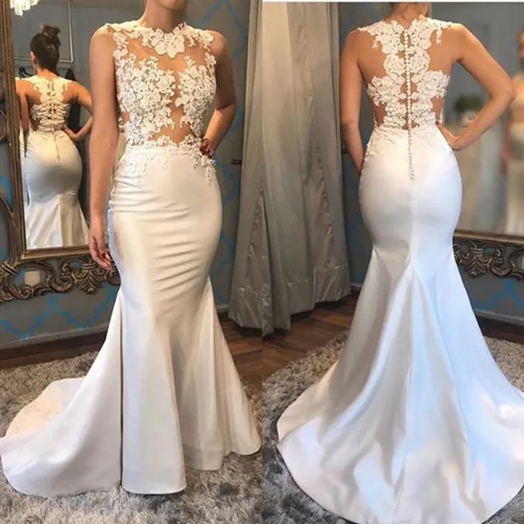 

Gorgeous Mermaid Long Lace Satin Wedding Dresses Sleeveless O-Neck Floor Length Button Back Sweep Train Bridal Gown for Women