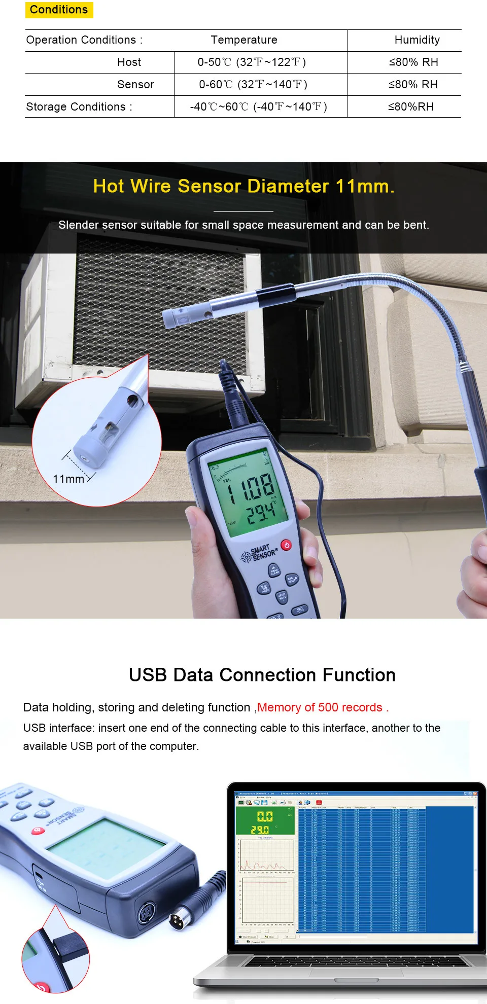 Digital Hot-film Anemometer Wind Speed meter Air Velocity wth temperature measur