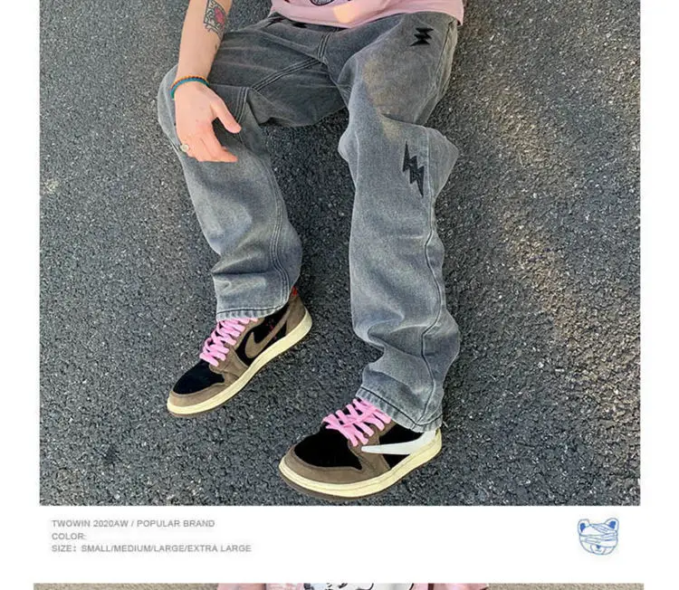 Description Picture 3 of itemWashed Vintage Black Jeans Men's Leather Embroidered Flash Jeans Mens and Womens Hip Hop High Street Straight Loose Baggy Pants