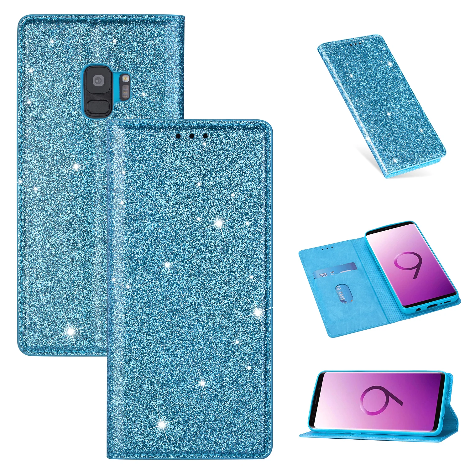 Чехлы-бумажники из искусственной кожи для samsung Galaxy S10E S6 S7 Edge S8 S9 Plus Note 8 9 10 Plus, блестящий чехол-книжка с подставкой для карт - Цвет: Blue