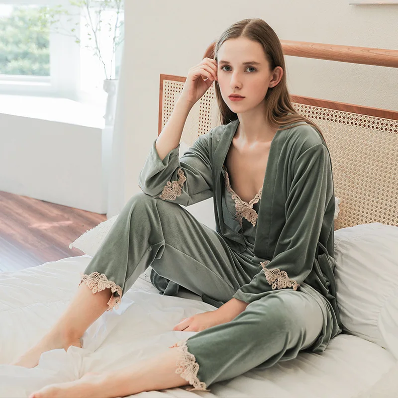 

Women Pajamas Set Sleepwear Sexy Velour Nightwear 3PCS Sleep Suit 2020 Autumn New Kimono Bathrobe Gown Home Clothes Nightgown