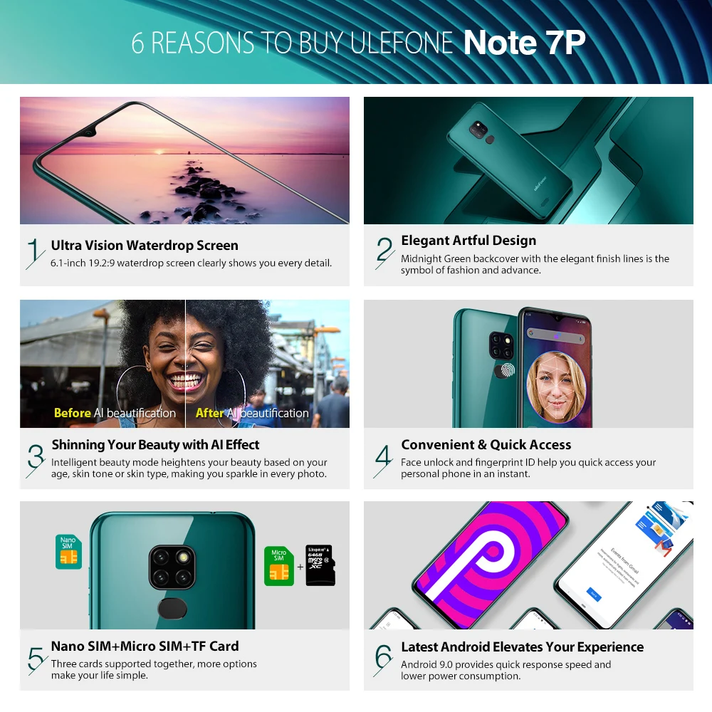 Смартфон Ulefone Note 7P Android 9 0 четырёхъядерный 3500 мАч 6 1 дюймовый экран Waterdrop 3 Гб + 32 ГБ