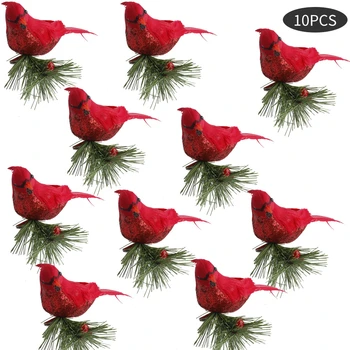 

10pcs Artificial Birds Christmas Ornaments Red Foam Feather Cute Clip-on Christmas Tree Decorations Bird