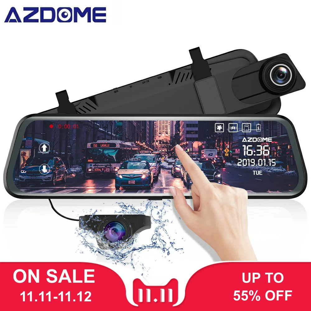 

AZDOME PG02 10" Full HD 1080P rearview mirror camera Streaming Media Full-Screen Touch dashcam Dual Lens Night Vision car camera