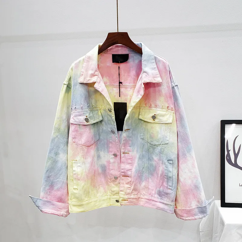 

Harajuku Colorful Gradient Hole Denim Jacket Women 2020 Autumn New Fashion Casual Jean Coat Female Loose Jeans Jacket Streetwear