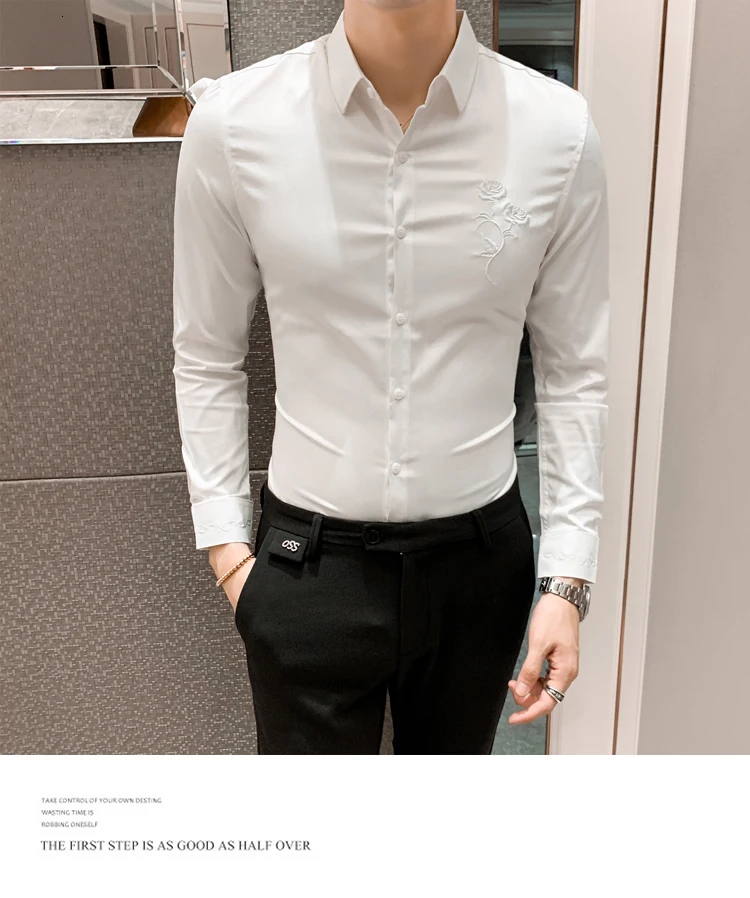 Camisa Masculina Новая Корейская мужская рубашка с вышивкой Kemeja Pria, приталенная Мужская рубашка с длинным рукавом, весна