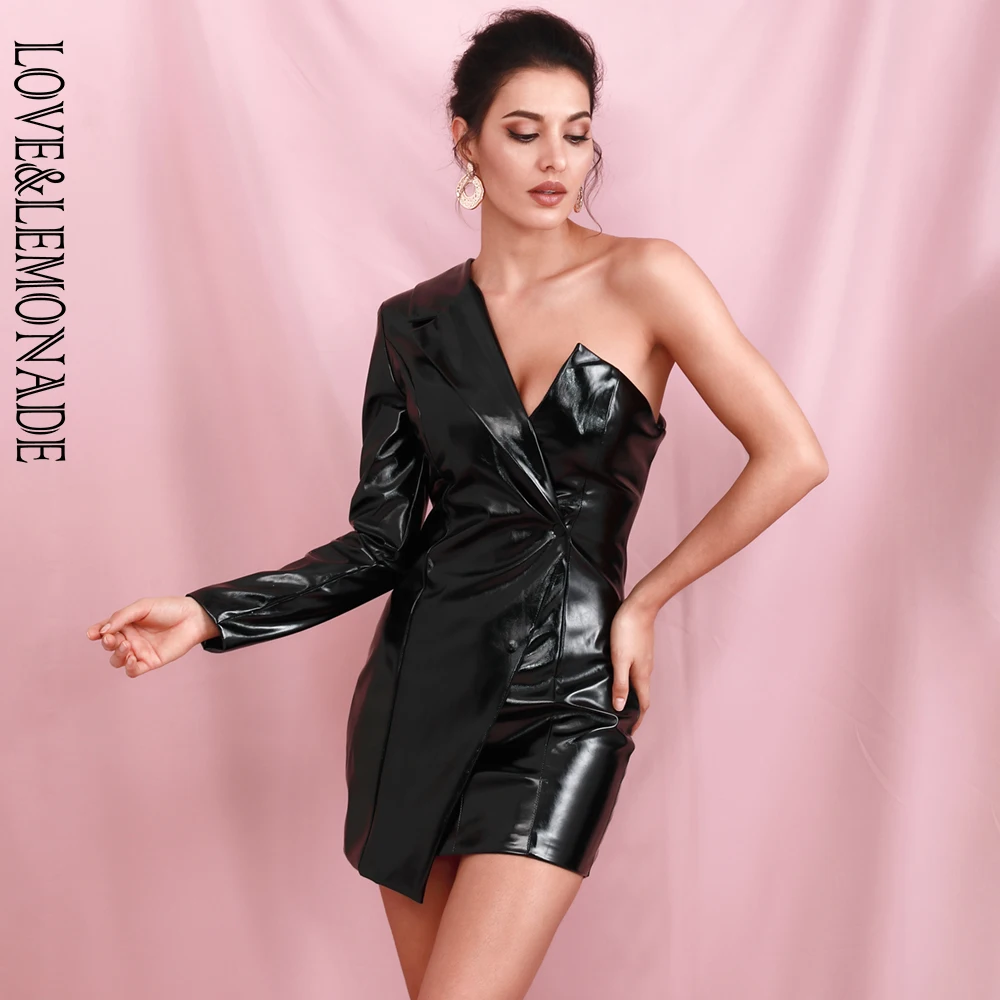

LOVE&LEMONADE Sexy Black Irregular Collar Cross Long Sleeve Reflective PU Bodycon Party Mini Dress (With Zip) LM81781-2