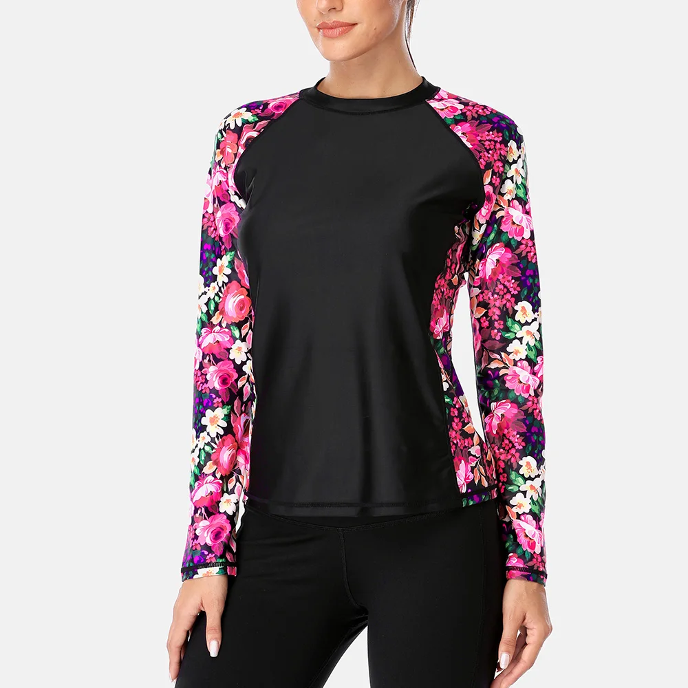 Charmleaks Women Rash Guard Top Swimwear Long Sleeve Rashguard Diving Shirts Surfing Top Retro Print Swimsuit Shirt UPF 50+
