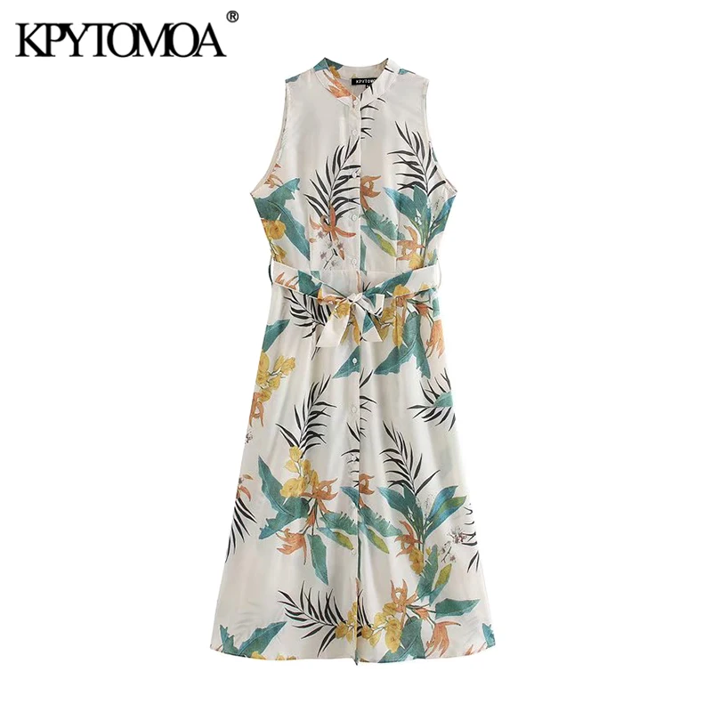 KPYTOMOA Women 2020 Chic Fashion Floral Print Buttons Midi Dress Vintage O Neck Sleeveless Female Dresses Casual Vestidos Mujer