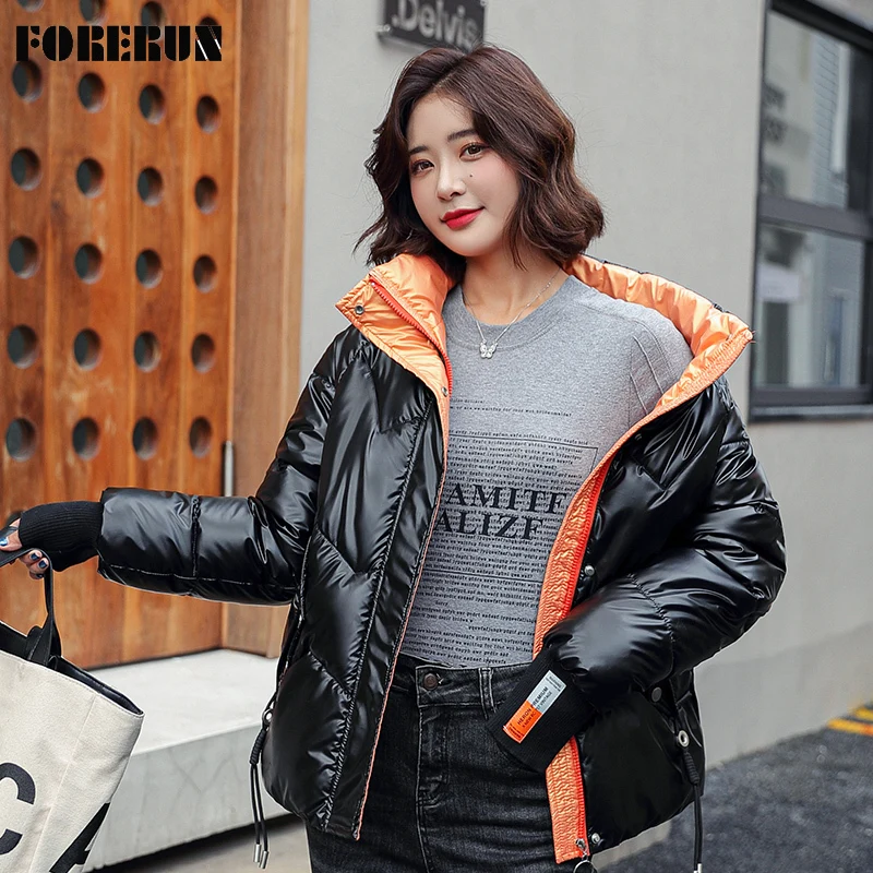 forerun-glossy-women-winter-jacket-letter-patchwork-stand-collar-oversized-bubble-coat-cotton-padding-warm-kawaii-coat