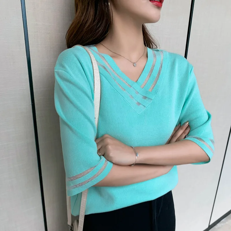 

Plus Size Knitted Tops Tees 2020 Spring Summer Women Fashion Loose Mesh Patchwork V Neck T-shirt Oversize Half Sleeve Knitwear