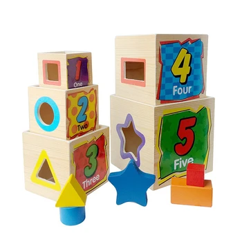 

Colorful Creative Geometric Assembly Early Learning Toys Children Wooden Toys 5 Layers Set Of Boxes Digital Shape Blocks