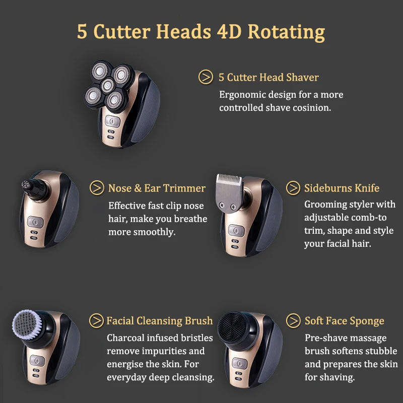 5 in 1 4D Rechargeable Electric Shaver Five Floating Heads Razors Hair Clipper Nose Ear Hair Trimmer Men Facial Cleansing Brush