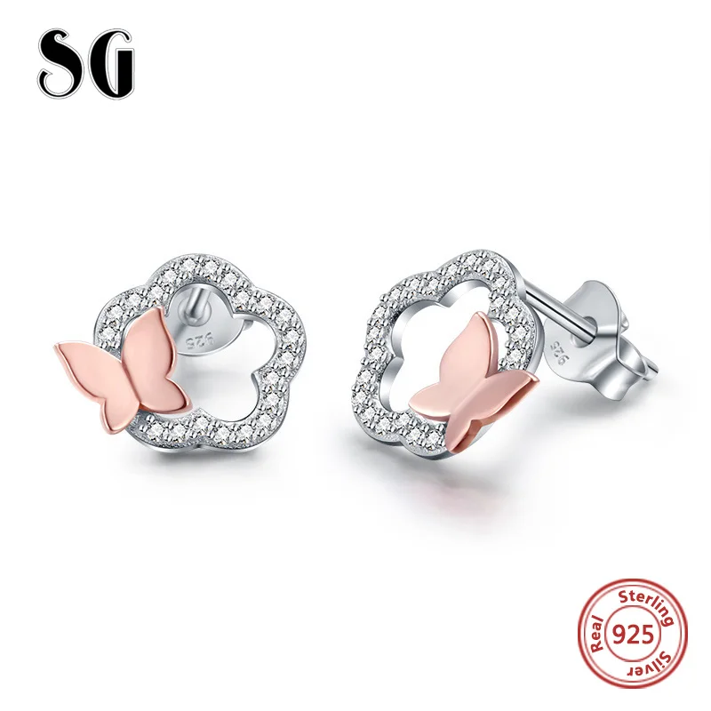 SGJE4885-P SG 925 пробы, серебряные серьги-гвоздики, модные ювелирные изделия для женщин, кубический цирконий, розовое золото, серьги-бабочки, новое поступление - Окраска металла: SGJE4885-P