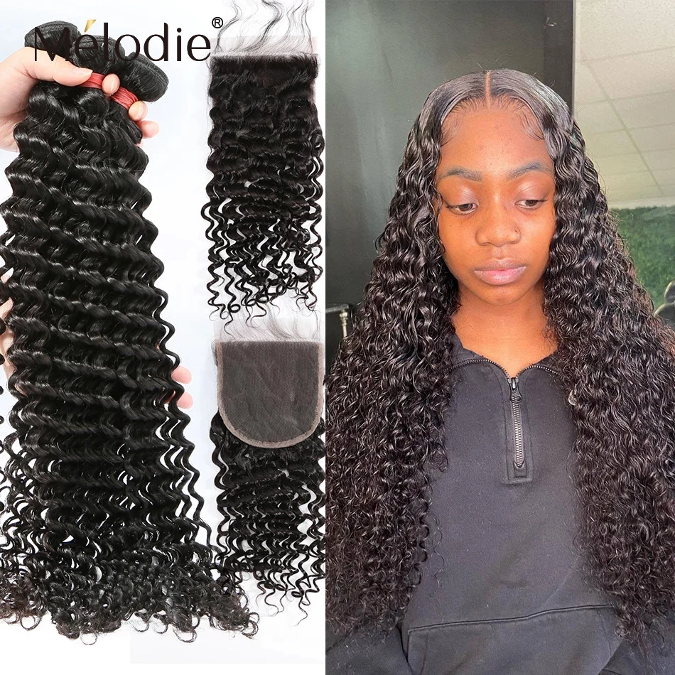 Ofertas Especiales Melodie 28 30 32 pulgadas onda profunda mechones con cierre brasileño de la Virgen del pelo humano Frontal rizado mechones y 4X4 cierre Lnwy3j0kXNz
