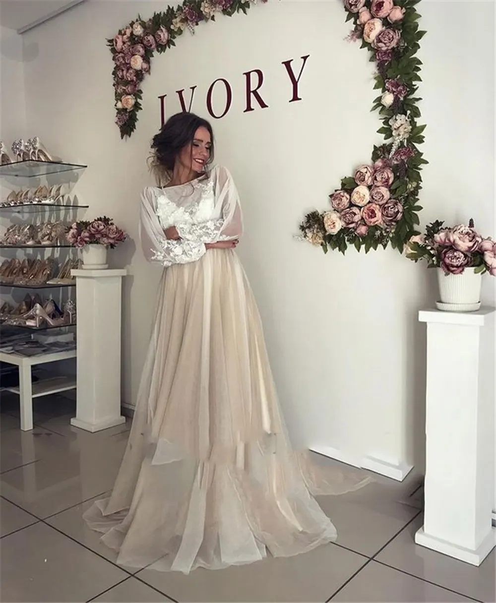 cheap wedding dresses Tulle Boho Wedding Dress Puffy Long Sleeves Vintage Ivory Lace Applique Scoop Neck Champagne Skirt Garden Bride Gown Customized winter wedding dresses