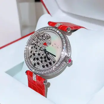 

luxury top brand Genuine crocodile Leather animal flower zircon round Dial 35mmQuartz Wrist Lady watch