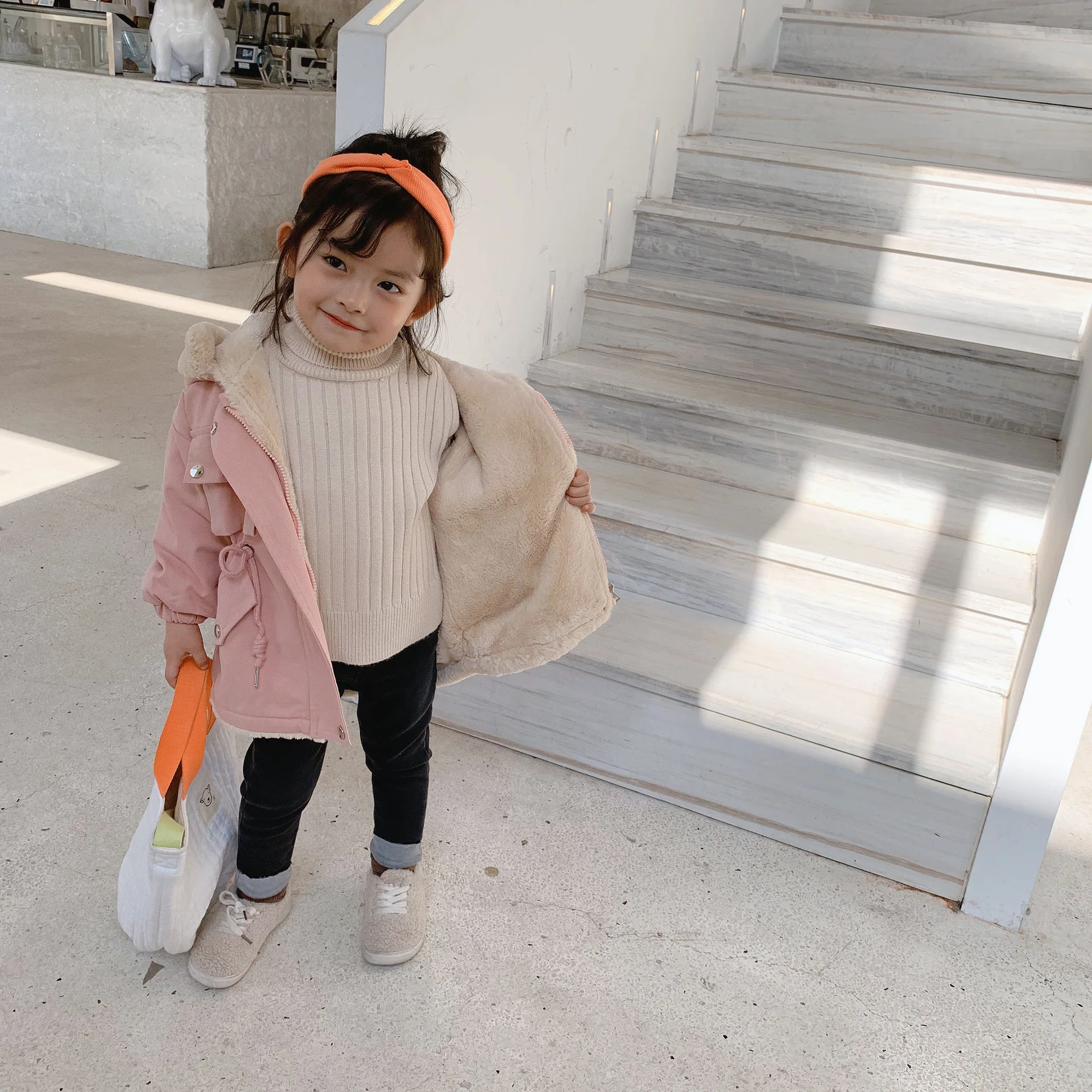 

Winter New Arrival korean style fashion thickened and warm with fur inside hooded long jacket for princess cute sweet girls